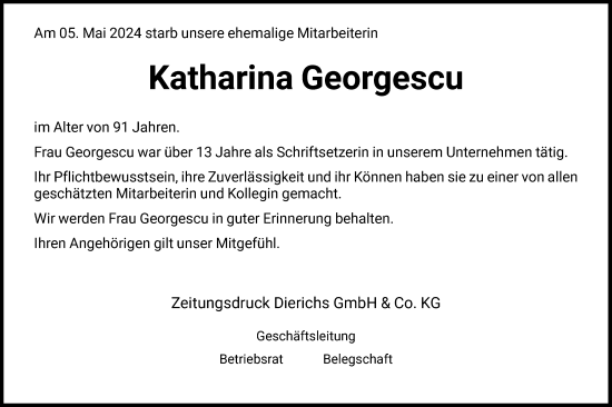 Todesanzeige von Katharina Georgescu von HNA