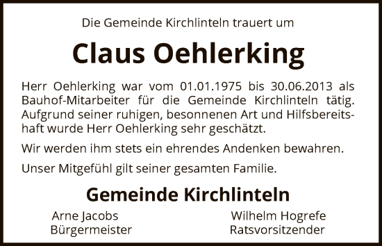 Todesanzeige von Claus Oehlerking von SYK