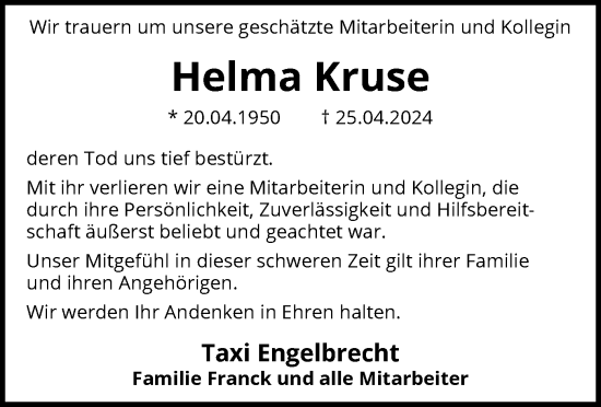 Todesanzeige von Helma Kruse von SYK