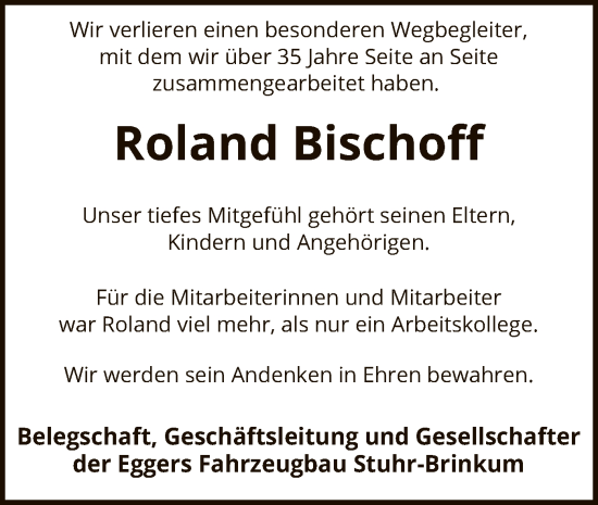 Todesanzeige von Roland Bischoff von SYK