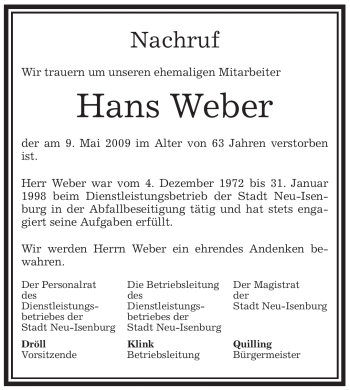 Todesanzeige von Hans Weber von OFFENBACH-POST/HANAU-POST