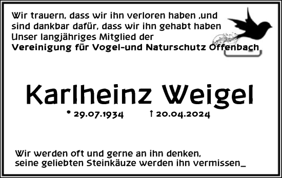 Todesanzeige von Karlheinz Weigel von OF