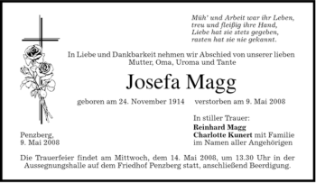 Todesanzeige von Josefa Magg von MERKUR & TZ