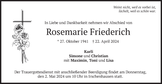 Todesanzeige von Rosemarie Friederich von merkurtz