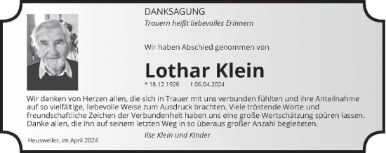 Todesanzeige von Lothar Klein von saarbruecker_zeitung