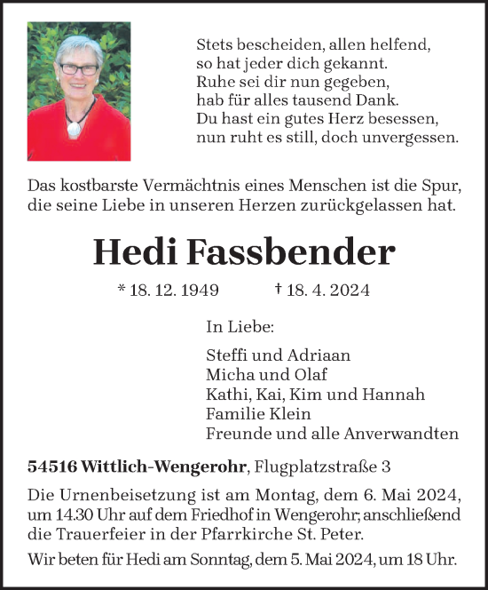 Todesanzeige von Hedi Fassbender von trierischer_volksfreund