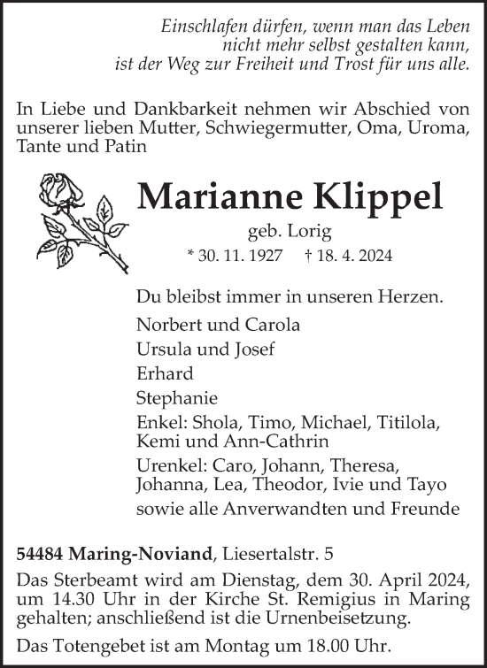 Todesanzeige von Marianne Klippel von trierischer_volksfreund