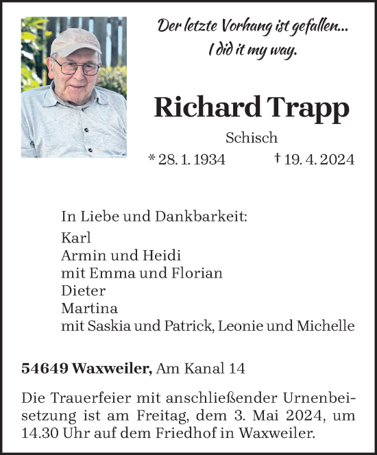 Todesanzeige von Richard Trapp von trierischer_volksfreund