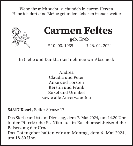 Todesanzeige von Carmen Feltes von trierischer_volksfreund