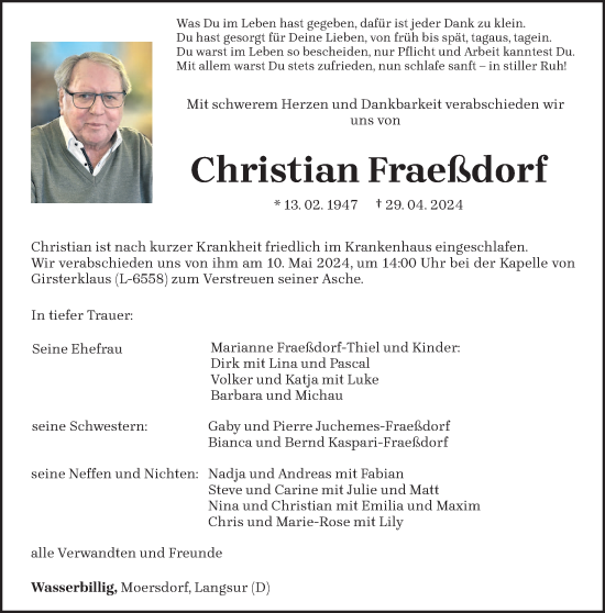 Todesanzeige von Christian Fraeßdorf von trierischer_volksfreund