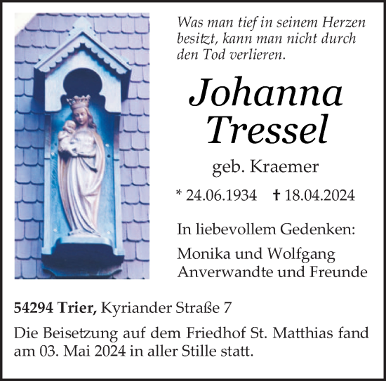 Todesanzeige von Johanna Tressel von trierischer_volksfreund