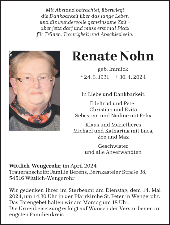 Todesanzeige von Renate Nohn von trierischer_volksfreund