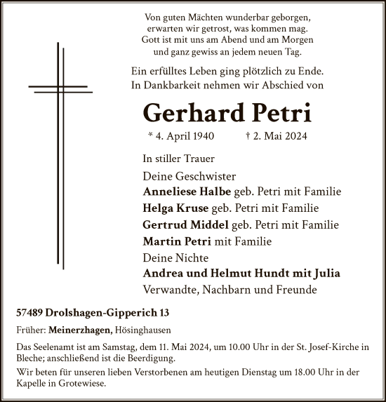 Todesanzeige von Gerhard Petri von WA