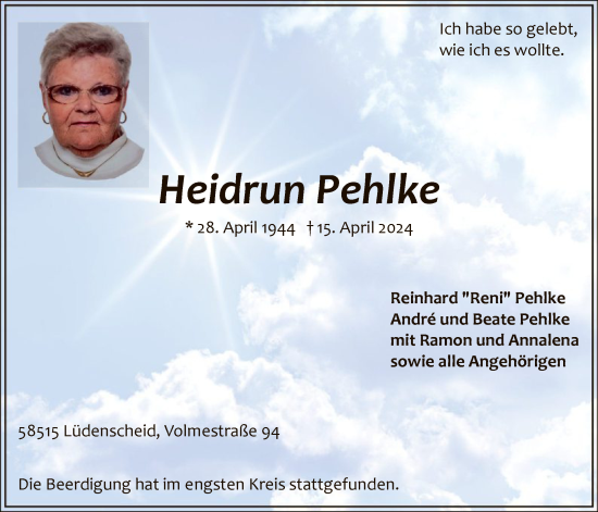 Todesanzeige von Heidrun Pehlke von WA