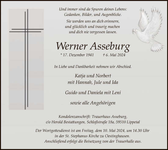 Todesanzeige von Werner Asseburg von WA