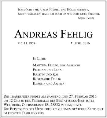 Todesanzeige von Andreas Fehlig von Trauer.de