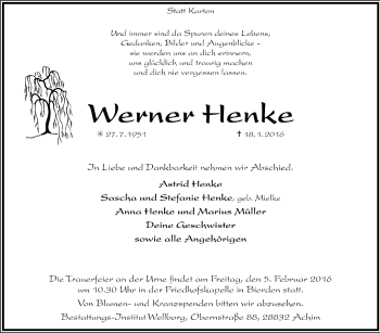 Todesanzeige von Werner Henke von Trauer.de