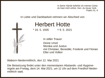 Todesanzeige von Herbert Hotte von HNA