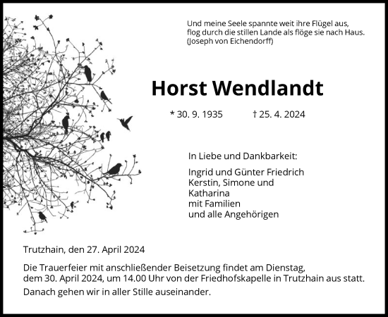 Todesanzeige von Horst Wendlandt von HNA