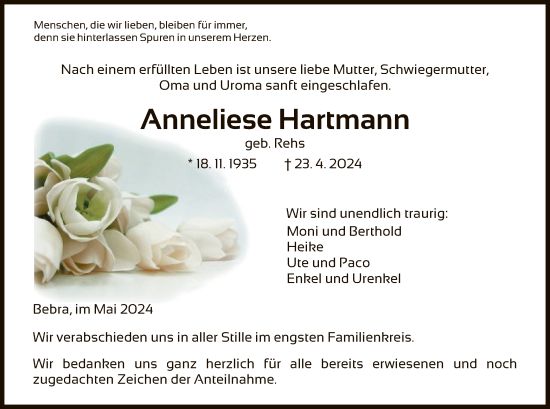 Todesanzeige von Anneliese Hartmann von HNA