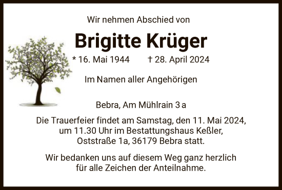 Todesanzeige von Brigitte Krüger von HNAHNA