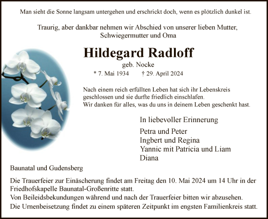 Todesanzeige von Hildegard Radloff von HNAHNA