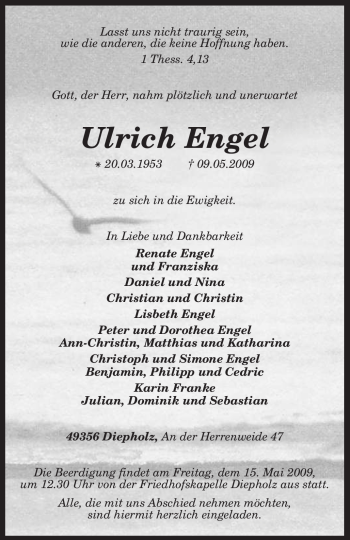 Todesanzeige von Ulrich Engel von KREISZEITUNG SYKE