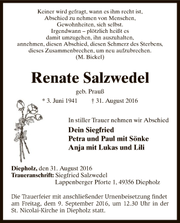 Todesanzeige von Renate Salzwedel von SYK