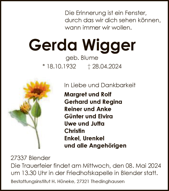Todesanzeige von Gerda Wigger von SYK