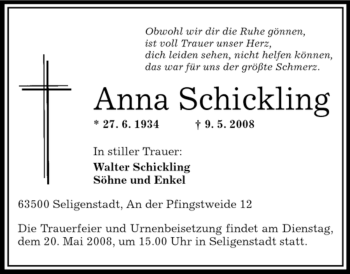 Todesanzeige von Anna Schickling von OFFENBACH-POST/HANAU-POST