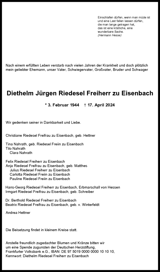 Todesanzeige von Diethelm Jürgen Riedesel Freiherr zu Eisenbach von OF