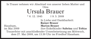 Todesanzeige von Ursula Brauer von MERKUR & TZ