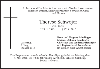 Todesanzeige von Therese Schwojer von merkurtz