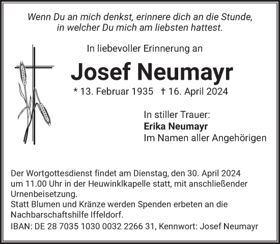 Todesanzeige von Josef Neumayr von Das Gelbe Blatt Penzberg