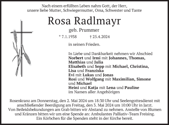 Todesanzeige von Rosa Radlmayr von merkurtz