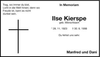 Todesanzeige von Ilse Kierspe von SAARBRÜCKER ZEITUNG