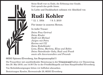 Todesanzeige von Rudi Kohler von SAARBRÜCKER ZEITUNG