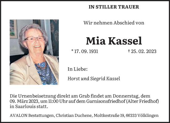 Todesanzeige von Mia Kassel von saarbruecker_zeitung