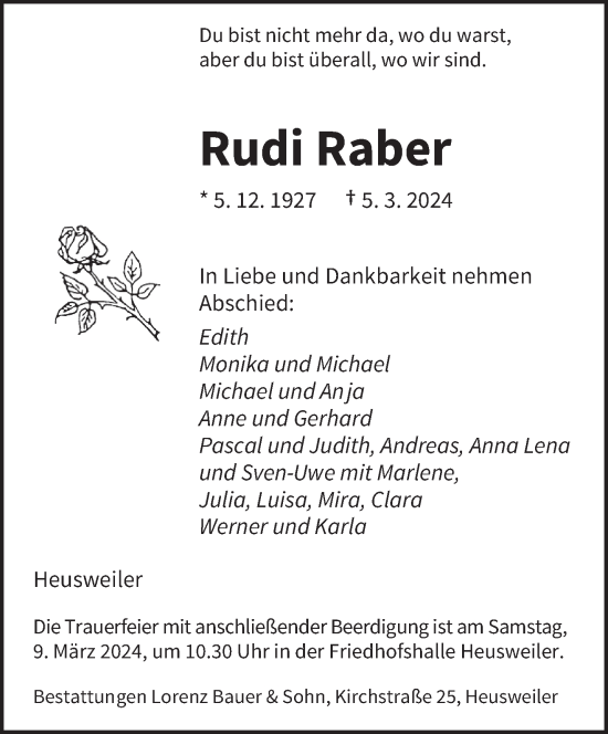 Todesanzeige von Rudi Raber von saarbruecker_zeitung