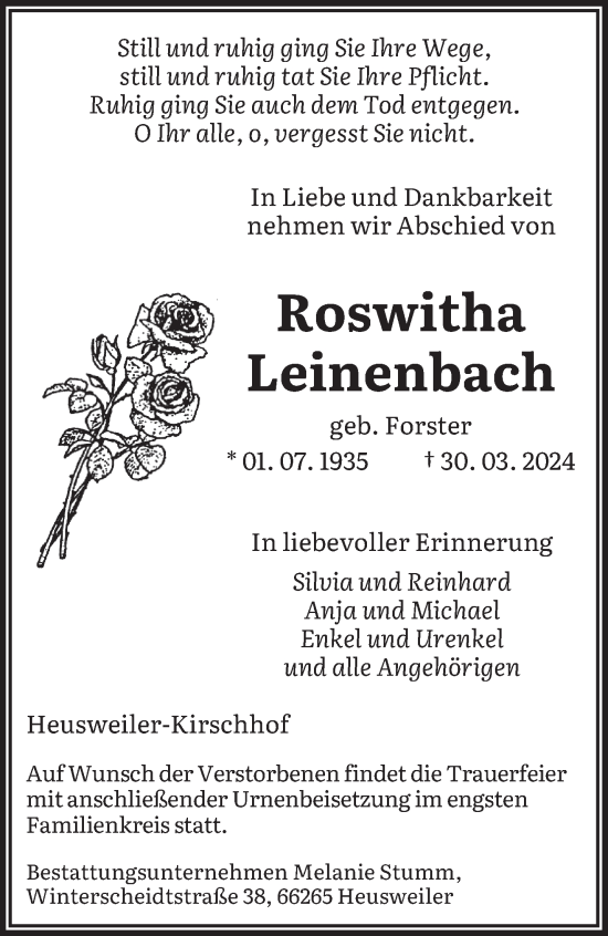 Todesanzeige von Roswitha Leinenbach von saarbruecker_zeitung