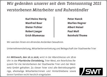 Todesanzeige von In Gedenken Stadtwerke Trier von trierischer_volksfreund