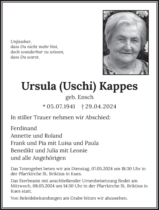 Todesanzeige von Ursula  Kappes von trierischer_volksfreund