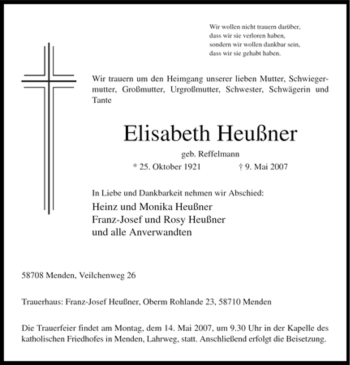 Todesanzeige von Elisabeth Heußner von WESTFÄLISCHER ANZEIGER