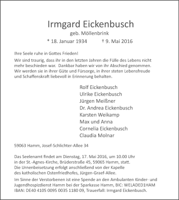 Todesanzeige von Irmgard Eickenbusch von MZV