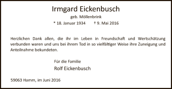 Todesanzeige von Irmgard Eickenbusch von MZV