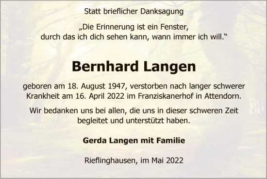 Todesanzeige von Bernhard Langen von WA