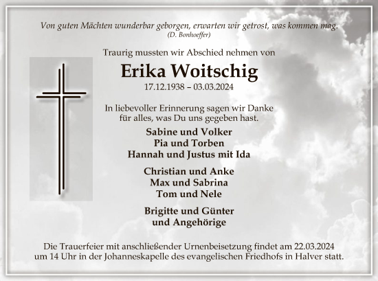 Todesanzeige von Erika Woitschig von WA