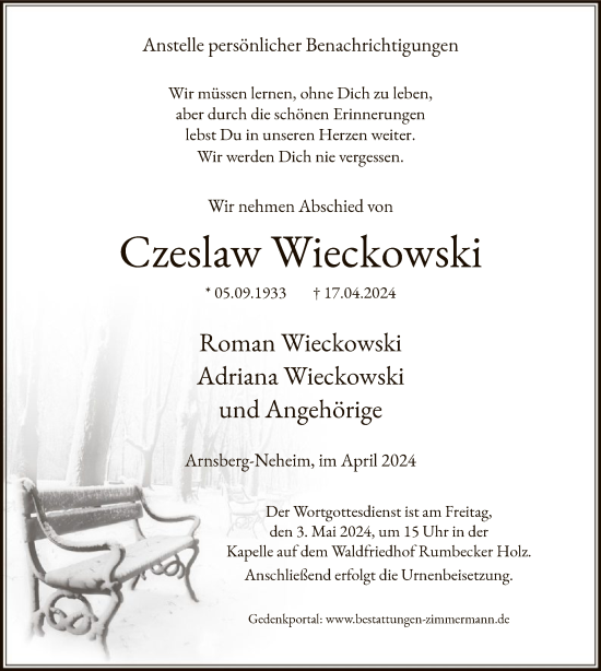 Todesanzeige von Czeslaw Wieckowski von WA