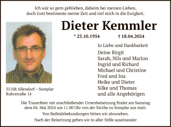 Todesanzeige von Dieter Kemmler von WA