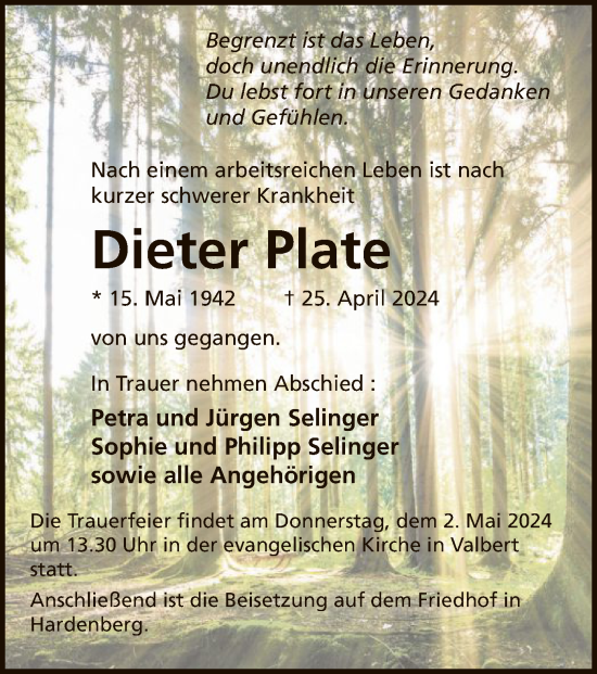Todesanzeige von Dieter Plate von WA